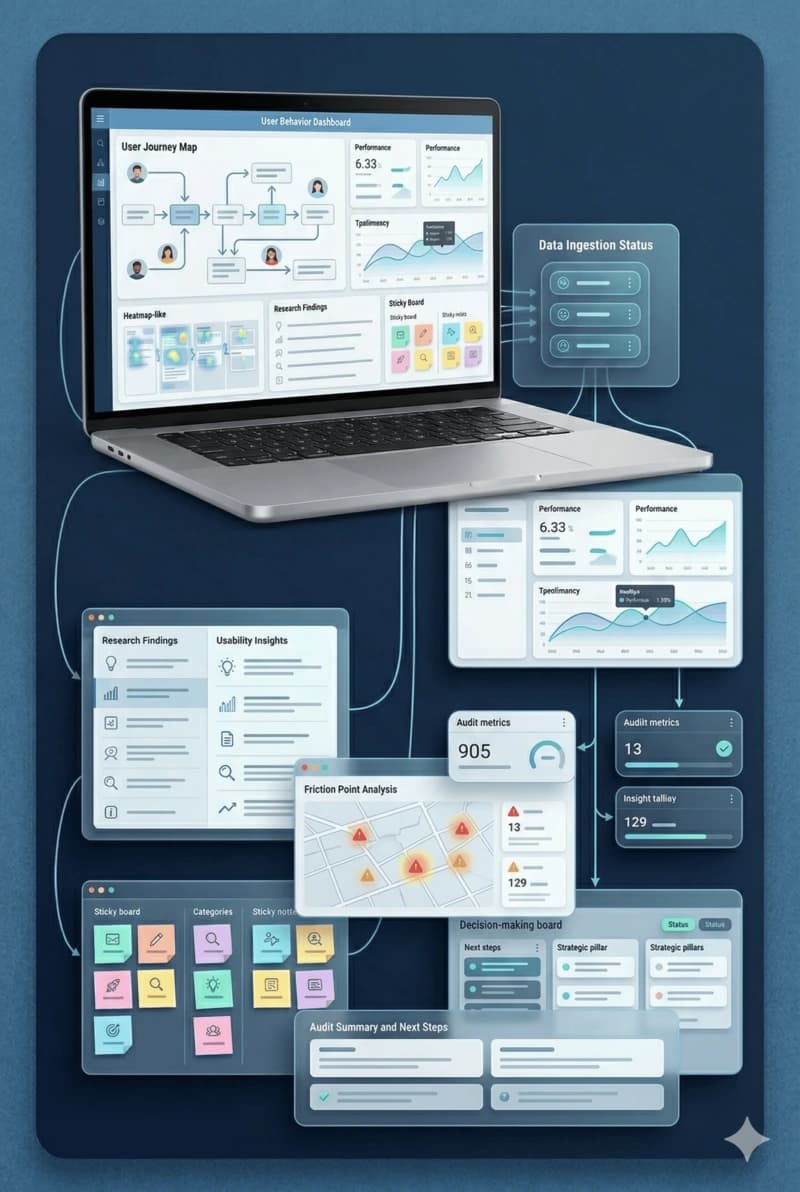 Research si audit UX pentru analiza fluxurilor, comportamentului utilizatorilor si punctelor de frictiune din produs
